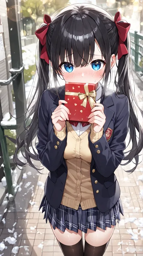  bokeh processing:1.3, form front, valentine, Hold out chocolate box with both hands、 heart shaped chocolate box, school uniform, blazer, Cardigan, thighhighs, blouse, pleated skirt, ribbon,  comments、 muffler、embarrassed, Heart racing、Back of the school b...