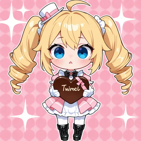 upper body, a Chibi Character, 
Solo, a girl, blonde, long hair, drill hair, ahoge, blue eyes, slant eyes, narrow eyes, twintail, White gloves, 
BREAK, 
white Chocolate color mini hat, white and Chocolate color lolita cosplay, Black platform boots, 

holdi...