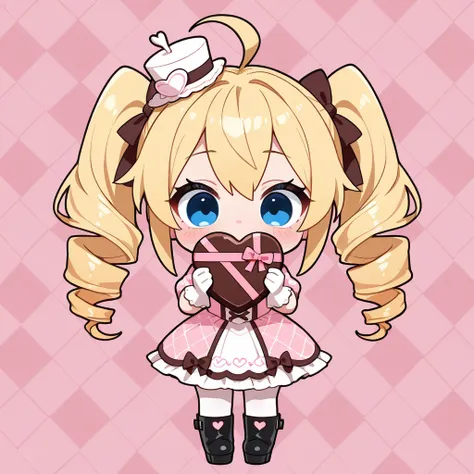 upper body, a Chibi Character, 
Solo, a girl, blonde, long hair, drill hair, ahoge, blue eyes, slant eyes, narrow eyes, twintail, White gloves, 
BREAK, 
white Chocolate color mini hat, white and Chocolate color lolita cosplay, Black platform boots, 

holdi...