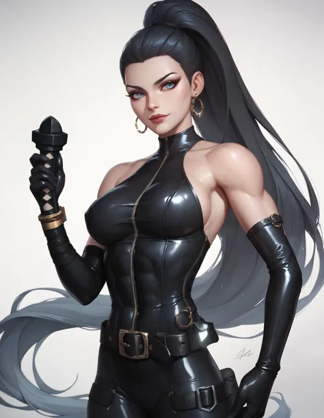 female black sleeveless latex bodysuit with belt, black belt, racerback, bare shoulders, long gloves, toned arms, beautiful faces, black ponytail with showing forehead, long ponytail, earrings, soft smooth skin, pale skin, white background, blue eyes, sci-...