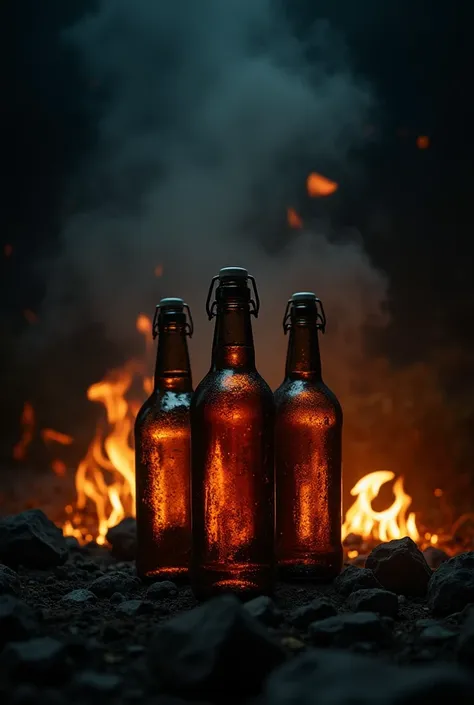 Make me a photo that is square and has space for three bottles in the middle, and is dark and has a fire burning.