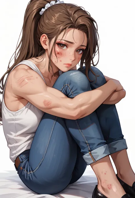 ((White background )) (Curve:1.1) rathing_questionable ,((1girl)) , (solo girl), (Long brown hair with a ponytail), makeup, (brown eyes:1.2), (blush:0.3), Age 30 years (Russian girl) (white tank top:1.4)) (Long jeans) ,tall, long sexy legs, ((thin:0.8)) , ...