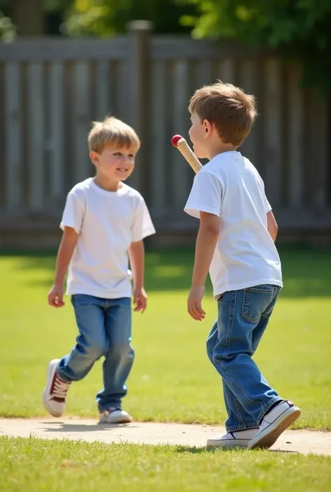 Two brothers playing cricket in their backyard, both wearing white t-shirts and blue jeans. The younger brother is batting, while the older one is bowling. The background features a sunny afternoon with a green lawn and a wooden fence.