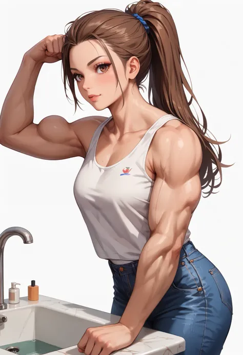 ((White background )) (Curve:1.1) rathing_questionable ,((1girl)) , (solo girl), (Long brown hair with a ponytail), makeup, (brown eyes:1.2), (blush:0.3), Age 30 years (Russian girl) (white tank top:1.4)) (Long jeans) ,tall, long sexy legs, ((thin:0.8)) , ...