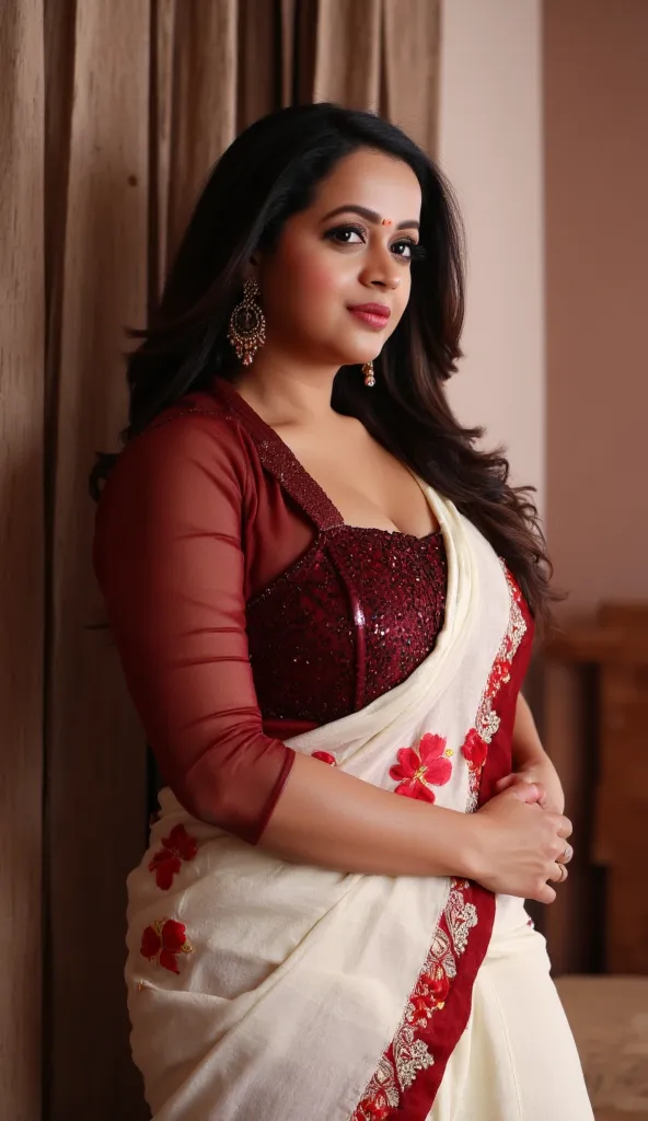 Side view,Full body image, indian hourglass body, Indian medium  plus sized age girl syamala, lovely face, suductive expression on face and lips, mouth slightly open, very huge breasts, wearing highly embroideried dark meroon colour glossy fully transparen...