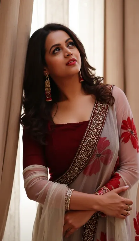 Side view,Full body image, indian hourglass body, Indian medium  plus sized age girl syamala, lovely face, suductive expression on face and lips, mouth slightly open, very huge breasts, wearing highly embroideried dark meroon colour glossy fully transparen...