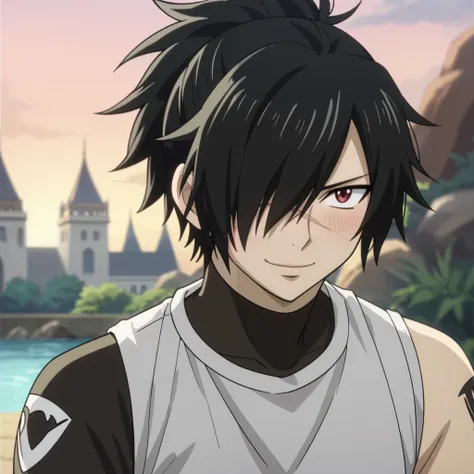 score_9, score_8_up, score_7_up, intricate details, anime screencap, depth of field, 1boy, solo, male focus, rogue_cheney, ponytail, black hair, red eyes,, hair over one eye, scar, ((black men's shorts, sleeveless t-shirt, closed mouth smile, blush)) in aq...