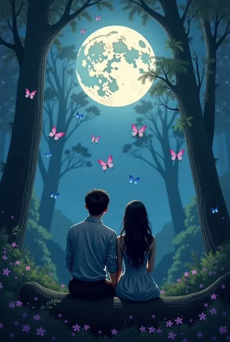 A couple in love resting their heads watching the moon in the forest with pink and blue butterflies, many blue butterflies flying around.