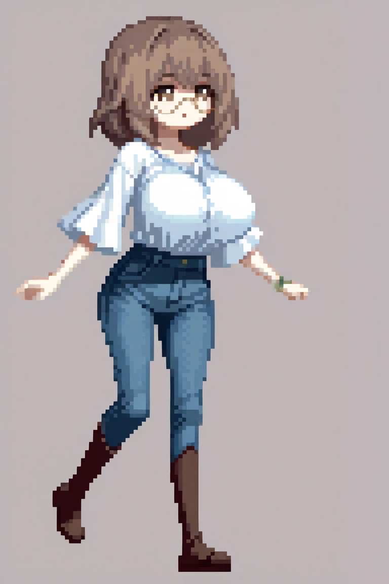 A 15-year-old girl with long pale brown hair, large and round lenses,  with long white shirt with medium sleeves, with tight denim pants,  with large brown boots, with large wristbands, with giant breasts 