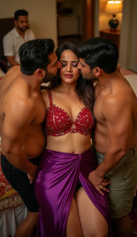 Full body image, top view Full body image, indian hourglass body, Indian plus sized 20 year old Telugu bride syamala, lovely face, suductive expression on face, she is biting her lower lips, large swooping breasts, wearing pushup bra, wearing highly embroi...