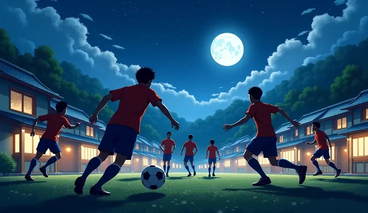 Playing football in the moonlight village ren 