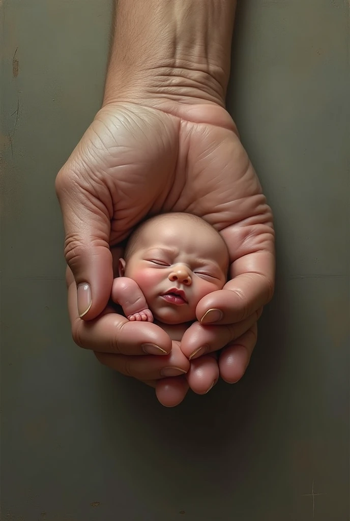 Create an artwork on the theme "Old vs. New" – A wrinkled hand holding a newborn’s fingers, symbolizing time