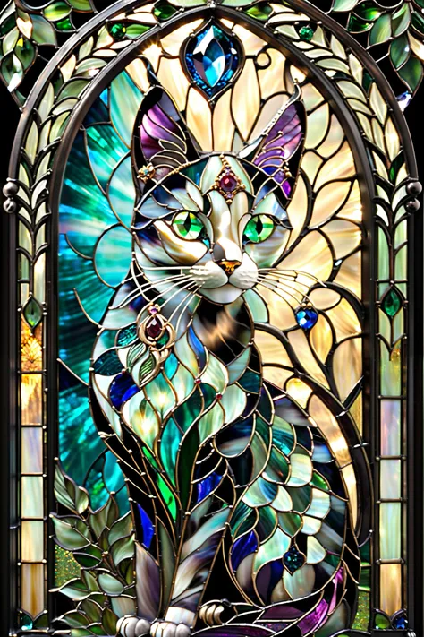 “A breathtaking stained-glass artwork featuring a regal cat as the central subject. The cat sits gracefully, its piercing emerald-green eyes exuding intelligence and mystery. Its fur is depicted in a mesmerizing blend of deep blues, rich purples, and shimm...