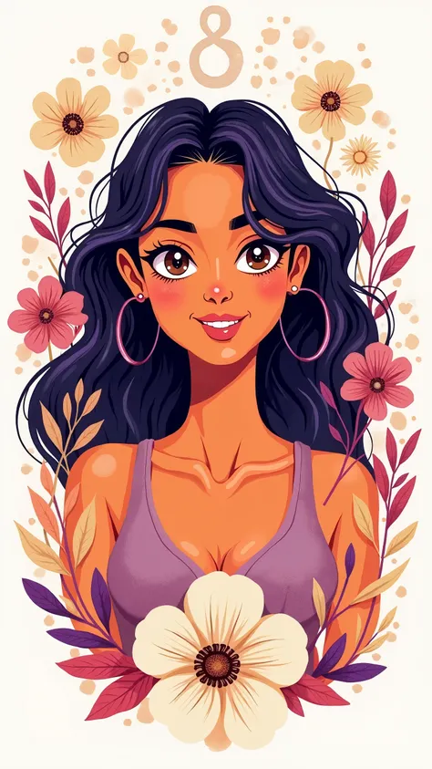 A vibrant and empowering illustration celebrating the importance of women on International Women's Day, March 8th, featuring a strong and confident female figure at its center, with a mix of warm golden and bold purple hues symbolizing femininity, creativi...