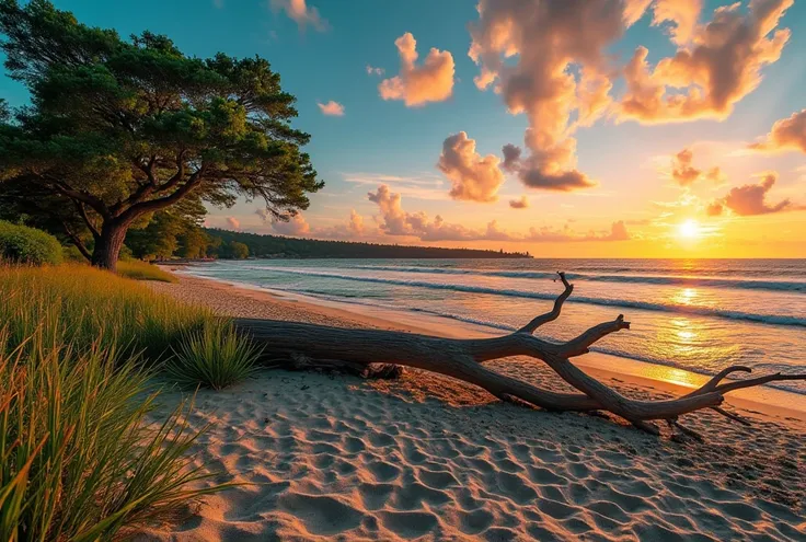 The image is a photo of a beautiful beach landscape at sunset. The sky is filled with bright colors of orange, pink, and blue, with the sun setting  golden light in the background. The skyline line is visible in the distance, and the water is dark blue-gre...