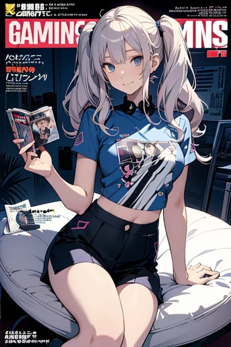 (Masterpiece), (  best quality  ),    Details,  Otaku Girls  , difficult,   twin tails,  wavy silver blonde hair   twin tails. o,  dark blue eyes   ,smile, Masterpiece,   best quality  , Latest,(  Tight Breasts :1.2), (Pointed Chest:1.2),(from below:1.4,  ...