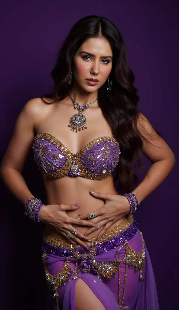 A beautiful belly dancer, her body adorned in rich jewel tones of purple and gold. Her long, dark hair cascades down her back, its ends swirling with a glittering sheen that matches the sequins and beads that accentuate her curves. She wears a tight-fittin...