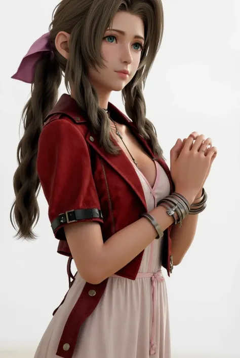 Personnage final fantasy VII aerith gainsborough debout, les yeux fermés, priant. Énorme poitrine. Image style manga détail Précis, qualité 8k.