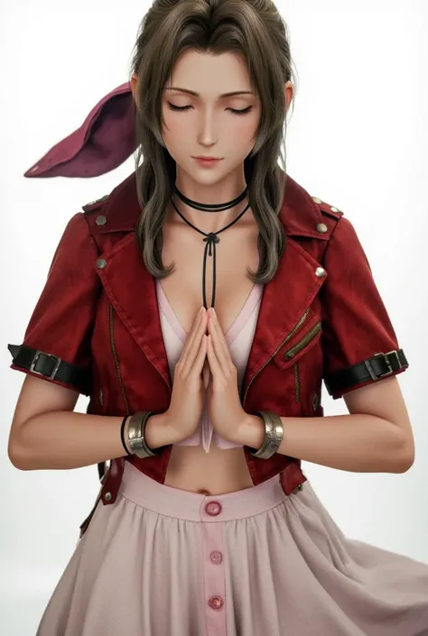 Personnage final fantasy VII aerith gainsborough debout, les yeux fermés, priant. Énorme poitrine. Image style manga détail Précis, qualité 8k.