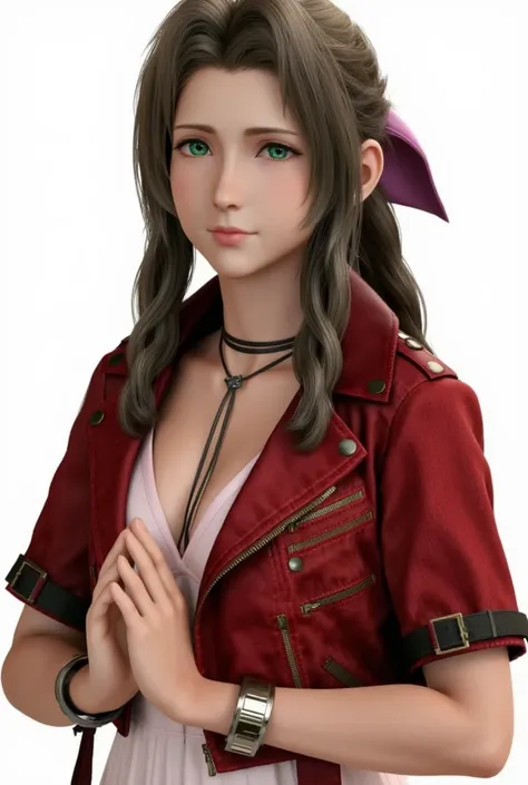 Personnage final fantasy VII aerith gainsborough debout, les yeux fermés, priant. Énorme poitrine. Image style manga détail Précis, qualité 8k.