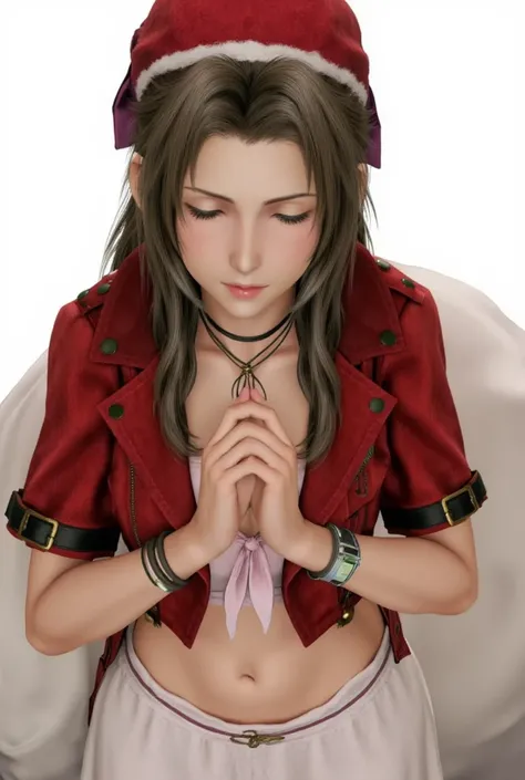 Personnage final fantasy VII aerith gainsborough debout, les yeux fermés, priant. Énorme poitrine. Image style manga détail Précis, qualité 8k.