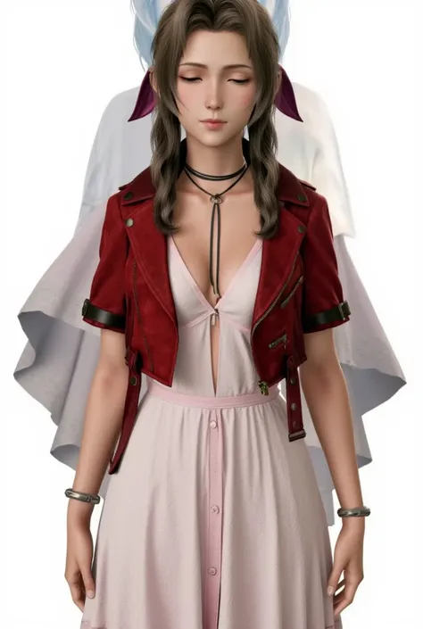 Personnage final fantasy VII aerith gainsborough debout, les yeux fermés, priant. Énorme poitrine. Image style manga détail Précis, qualité 8k.