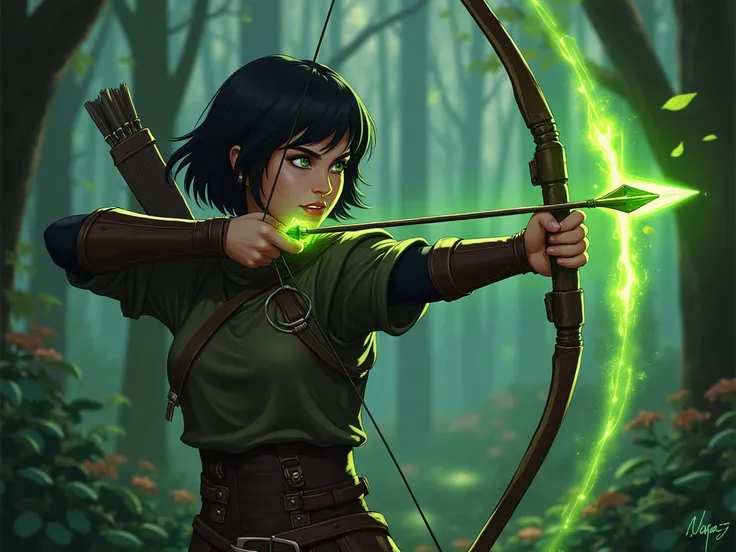 1girl, human, beautiful, short dark hair, green eyes, archer in the forest, leather armor. Light armor. Forest, fantasy forest. Trees, greenery, scenery. Detailed forest.  Her bow is glowing green light illuminating the scene, the tip of the arrow is shini...