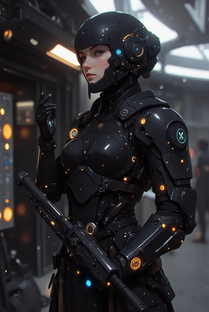 samurai、warrior、A cybernetic female cosmic samurai stands poised on the observation deck of a colossal interstellar battleship, her obsidian space-helm visor reflecting nebula patterns while maintaining her composed warrior’s gaze. Her right arm transforms...