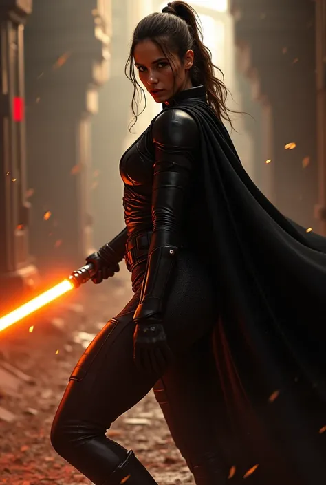 A female Jedi, orange lightsaber, wearing a black amour suit, revealing suit, caped, lightsaber reflect at her face, cinematic lighting, dynamic action pose and angle, complex atmosphere, Shadows and Highlights 