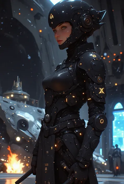 samurai、warrior、A cybernetic female cosmic samurai stands poised on the observation deck of a colossal interstellar battleship, her obsidian space-helm visor reflecting nebula patterns while maintaining her composed warrior’s gaze. Her right arm transforms...