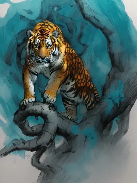 Sketch of a tiger,  with elements of traditional illustration and textile design .  Geometric patterns and flowing lines with artistic expression . freehand , create textures with turquoise, orange, colors, and white.  white background , dynamic elements o...