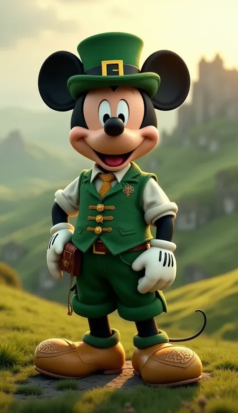 Ireland – Mickey Mouse
"Mickey Mouse dressed in traditional Irish attire, wearing a stylish green tweed vest, a matching cap, and a golden pocket watch. His shoes are decorated with Celtic knot designs. He stands on a misty green countryside, with rolling ...