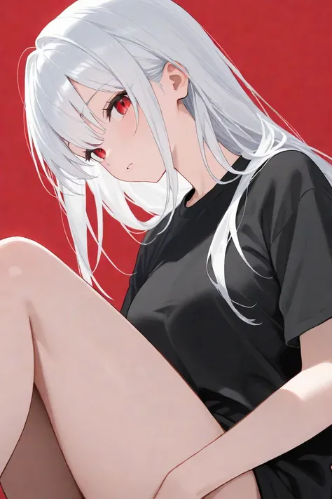 A beautiful older sister with long white hair with red eyes, wearing black t shirt