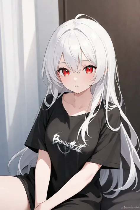 A beautiful older sister with long white hair with red eyes, wearing black t shirt