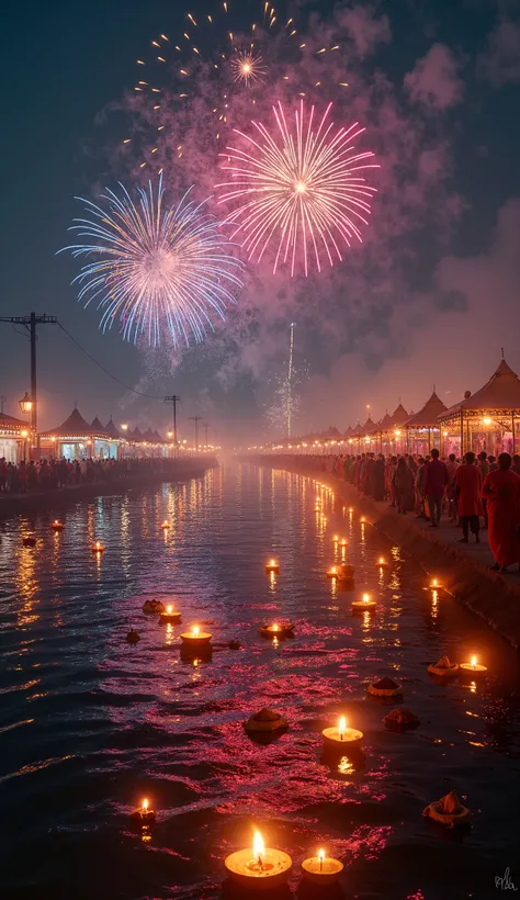 A stunning night scene of the Maha Kumbh Mela, where thousands of glowing diyas float on the Ganges. The camps and tents are lit with colorful lights, and the sky is filled with fireworks. Pilgrims, sadhus, and foreigners continue their spiritual journey u...