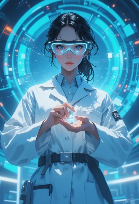 medium shot facing camera, Persian woman 28yo ,bust，white research clothing，The waist of the garment is printed with a technology logo，  lab goggles reflect qubit transition light effect ,  handheld topological insulator chip ,  back holographic Schrödinge...