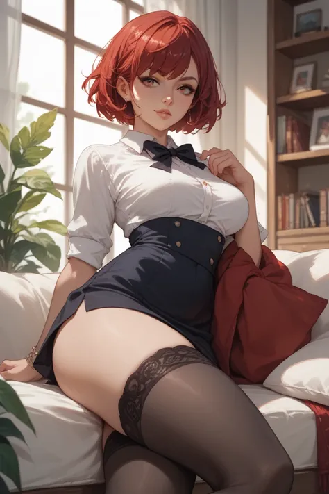 1 female,  red hair,  short hair ,  black stockings