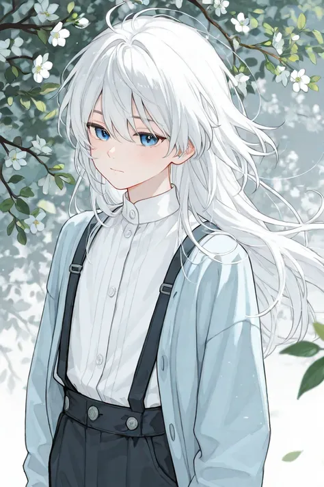 A delicate and serene anime-stnyle male character with short, slightly messy white hair and striking blue eyes. He is wearing a modern stylish outfit, consisting of a white dress shirt with a light blue jacket and dark pants. The background is minimalistic...