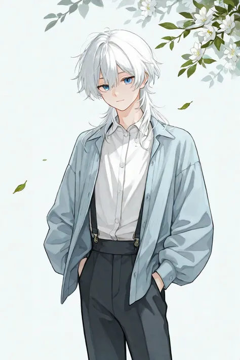 A delicate and serene anime-stnyle male character with short, slightly messy white hair and striking blue eyes. He is wearing a modern stylish outfit, consisting of a white dress shirt with a light blue jacket and dark pants. The background is minimalistic...