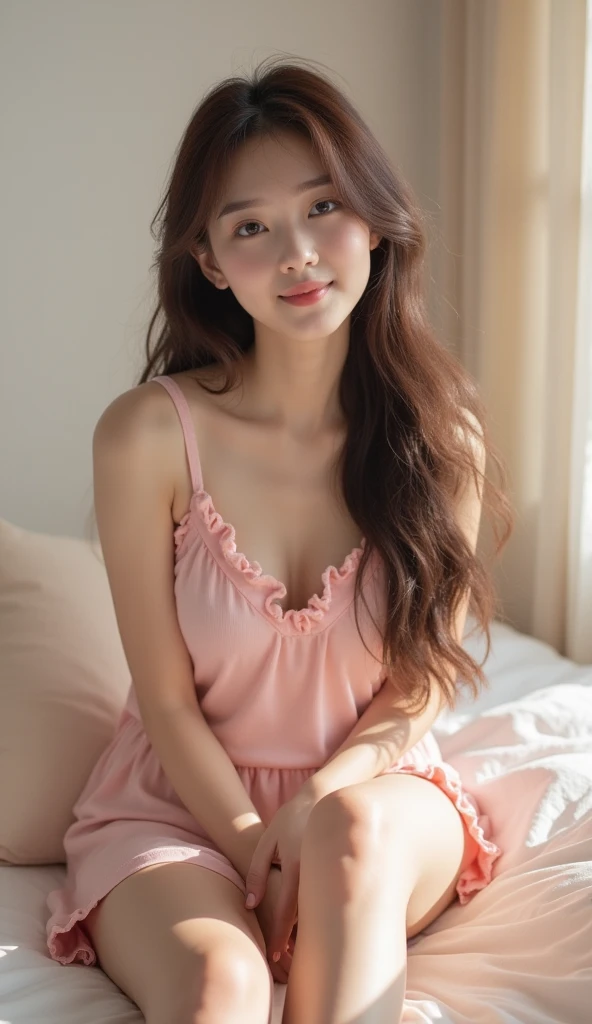          Asian Style、 Korean Style Idol 、cute girl ,     My hair is long  、   my hem is wavy    、   My hair color is brown   、   I'm sitting on a simple bedroom bed 、  I'm sitting in a simple bedroom bed {x} wearing a light pink tank top and loungewear   、...