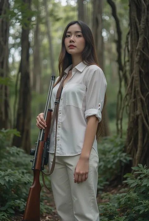  Beautiful Thai woman aged 27 wearing hiking dress, white shirt, trousers, holding hunting rifle portrait, in primeval forest ,  photorealistic