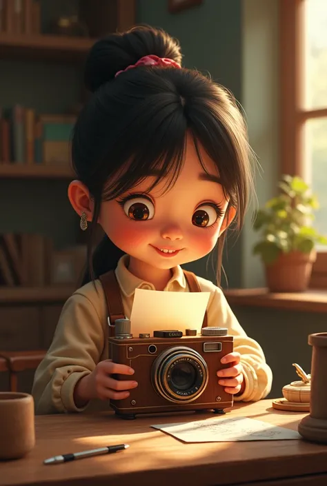 Just look at the girl's hand, open an old wooden camera with a letter inside. Semi-realistic cartoon image.