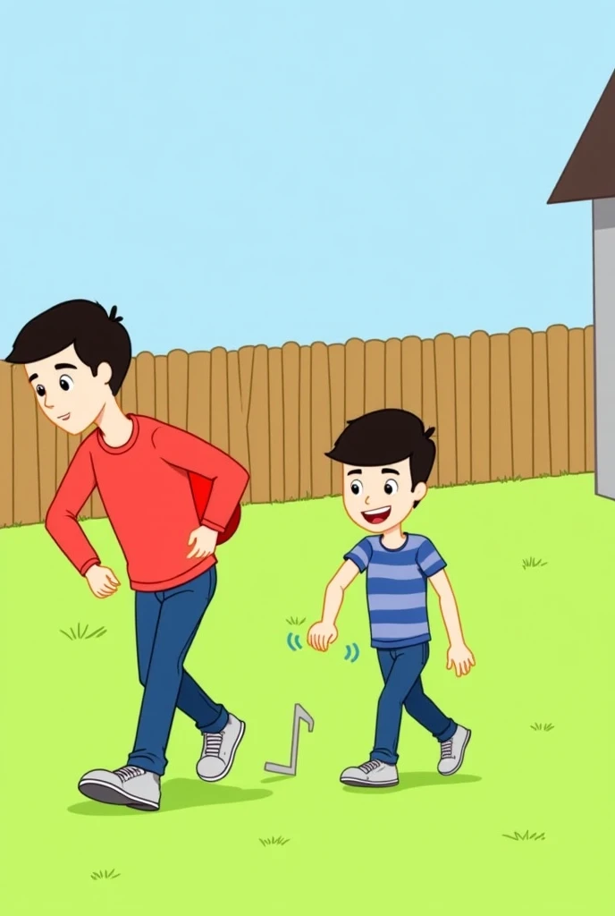 Both brothers tiptoe towards the house, their bodies exaggeratedly bent forward in a sneaky cartoon way. The older brother holds the red ball behind his back, and the younger one limps slightly but tries to stay quiet. Small "tip-tip" sound effects appear ...