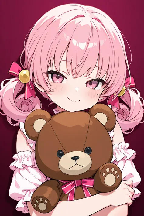 ： sweet fashion with lots of white and pink frills 、 twin tails or loose curly hair 、Katyusha and ribbon accessories

I'm holding a stuffed bear（I have it on my arm）
It's close to the cheek　Naughty