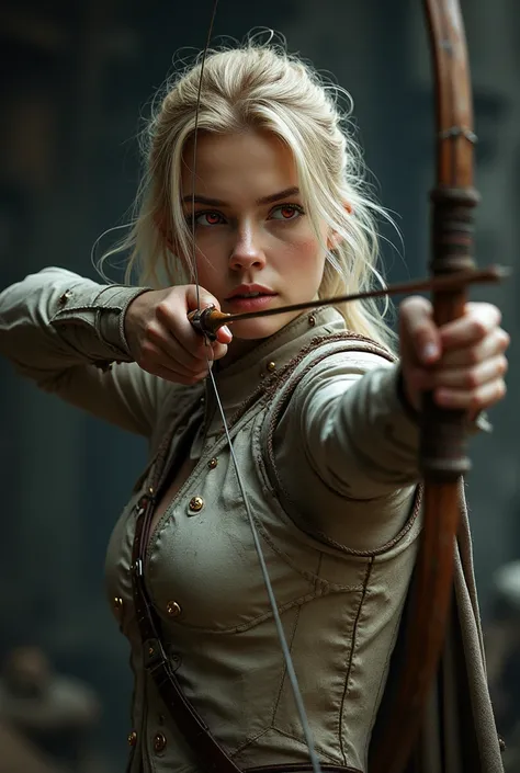 (masterpiece, photorealistic:1.4, extremely intricate:1.3), (photon mapping, radiosity, physically based rendering, ultra resolution, hyper-realistic, 8K),  Girl blonde with red eyes, in a light leather armor with golden rivets, is preparing to shoot from ...