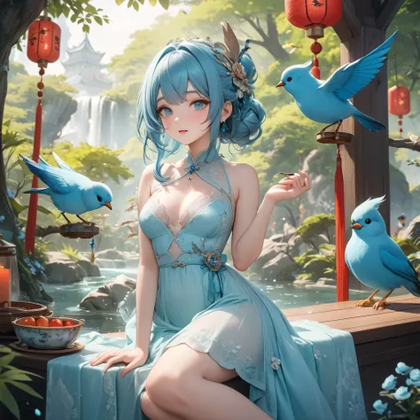 Miss,   Masterpiece,    Best Quality   , 【【【8k,   Delicate skin  ,    delicate fabric texture   ,    Delicate beautiful Face    ,    error  ,    ultra-fine in 8K ,   wonderland  ,   、，（   Aqua Blue Hair  ） Bird element  、專注於 Bird element ， Qingming Festiva...