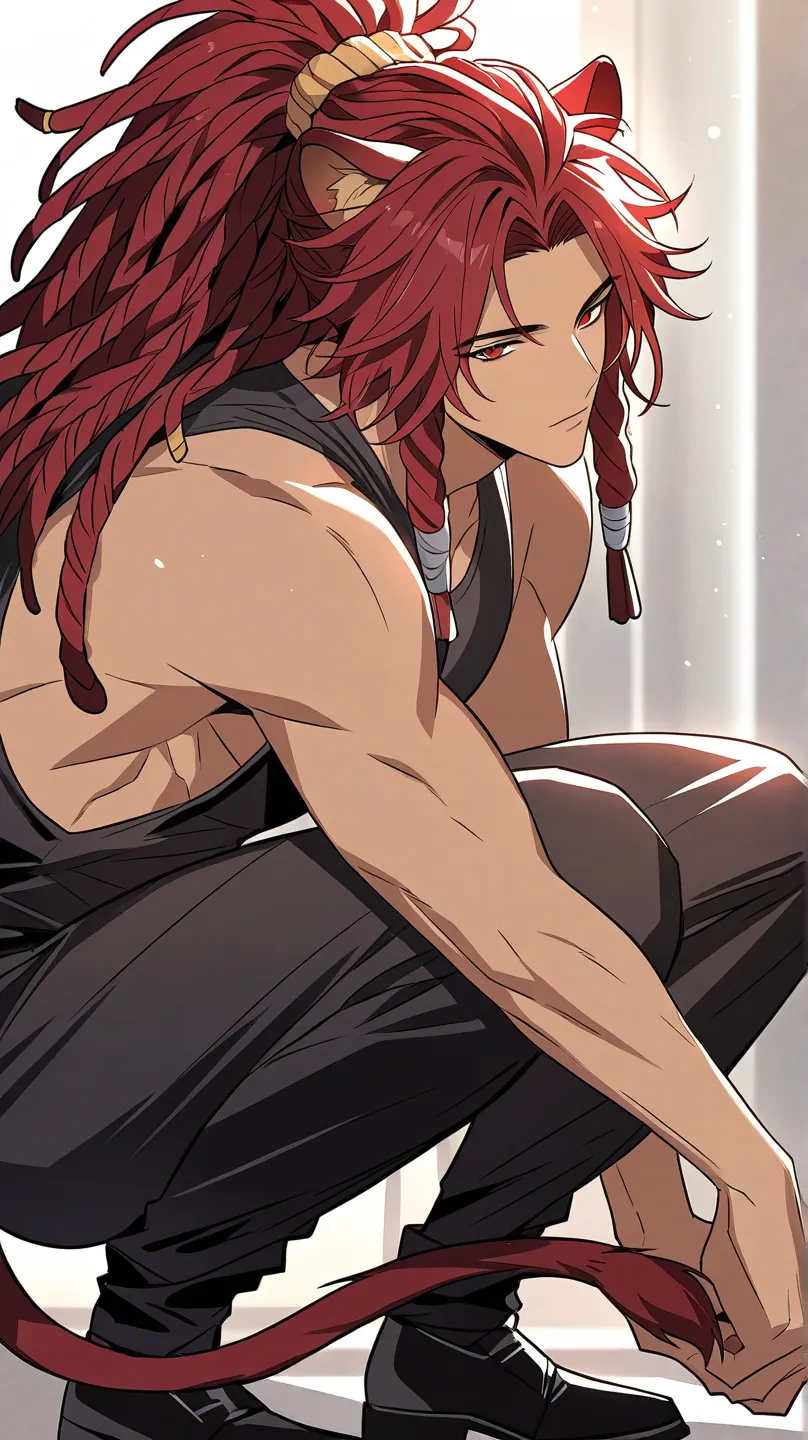 A handsome man with dreadlock-style red hair and red eyes has ears and a tail like a lion squatting, manhwa artstyle