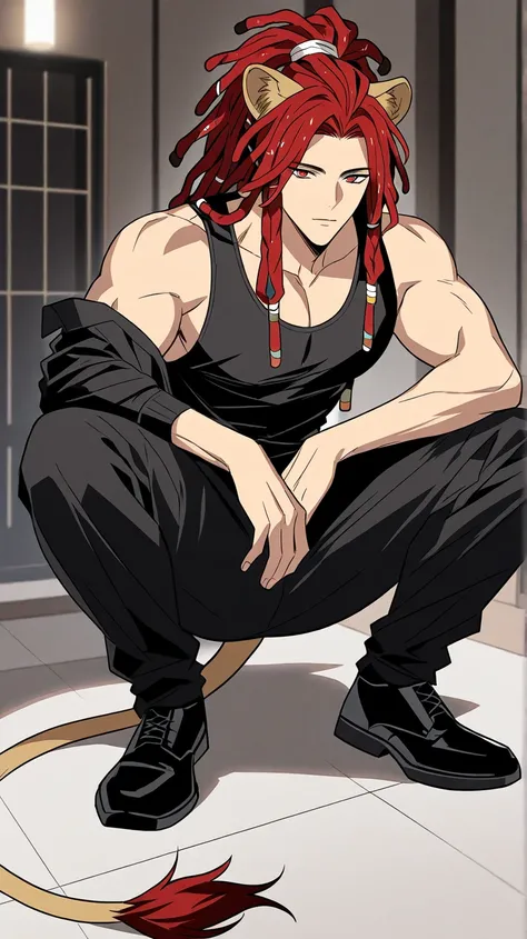 A handsome man with dreadlock-style red hair and red eyes has ears and a tail like a lion squatting, manhwa artstyle