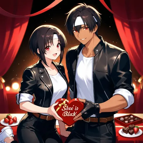 Valentine's Day, couple, male and female, dark hair, short hair, brown skin, red eyes, chocolate, strawberries, sweet atmosphere, melting chocolate, glamorous party venue, smiling, open mouth, she is wearing ((black jacket with rolled up sleeves)), black f...