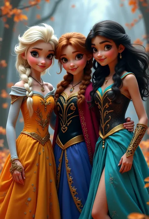 ((Three girls)),(princess Elsa long braided white hair),(princess Anna ponytails brown hair), (Princess Jasmine long flowing black hair), all dressed in Halloween outfits